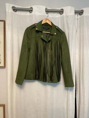 Colleen Lopez Faux Suede Fringe Moto Jacket, Green, Size S
